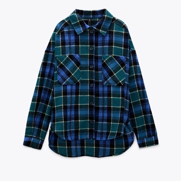 Zara Cabincore Wool Blend Oversized Plaid Shacket Blue Green and Yellow Sz XL - Picture 1 of 14